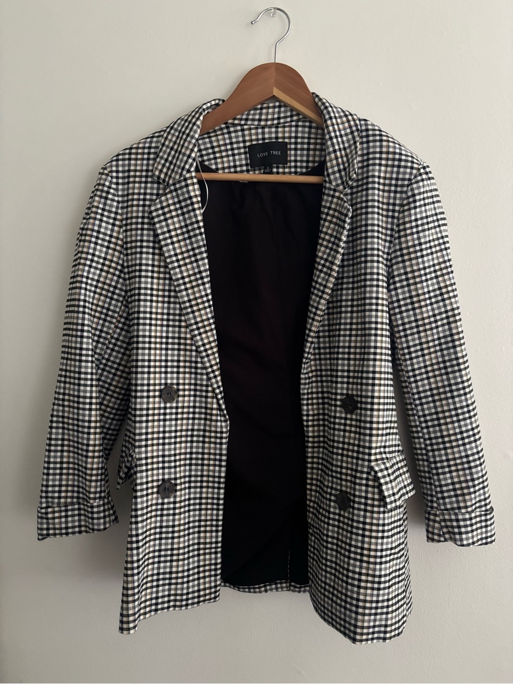 Love Tree Black & White Gingham Double-Breasted Blazer Jacket